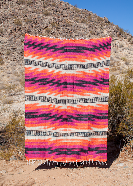 Concha Bright Pink, Orange, Tan, Black Mexican Adventure Beach Falsa Blanket Made in Mexico