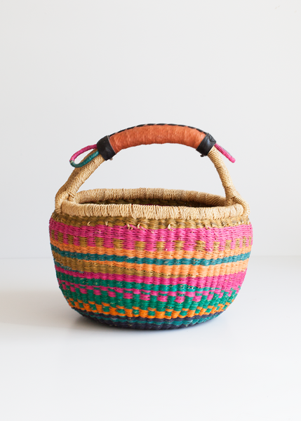 Small Pink, Orange, Blue, Green, Yellow, Natural Bolga Market Basket Handcrafted by Skilled Weavers from Bolgatanga, Ghana
