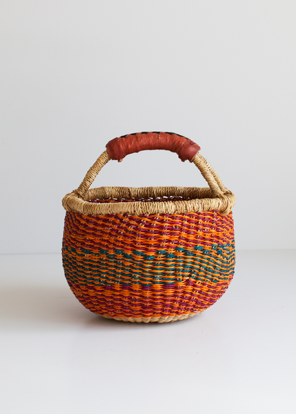 Mini Orange, Blue, Pink, Natural Bolga Market Basket with Leather Handle Handcrafted by Skilled Weavers from Bolgatanga, Ghana