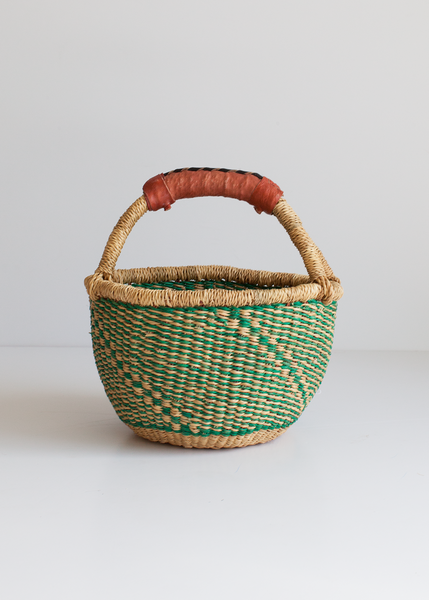 Mini Green, Natural Bolga Market Easter Basket with Leather Handle Handcrafted by Skilled Weavers from Bolgatanga, Ghana