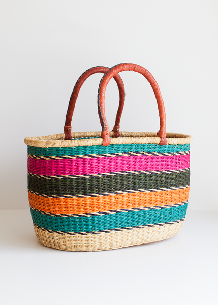 Large Oval Bolga Market Beach Basket with Leather Handle Handcrafted by Skilled Weavers from Bolgatanga, Ghana