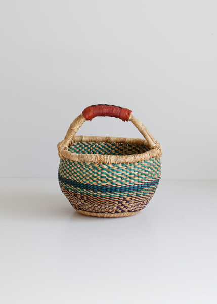 Mini Blue, Purple, Natural Bolga Market Basket with Leather Handle Handcrafted by Skilled Weavers in Bolgatanga, Ghana