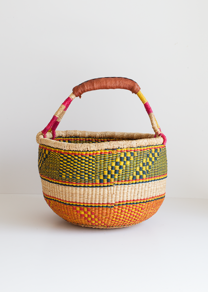 Medium Blue, Yellow, Pink, Natural Boho Bolga Market Basket with Leather Handle Handcrafted by Skilled Weavers in Bolgatanga, Ghana