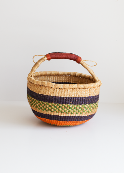 Small Easter Bolga Market Basket for Kids Room with Leather Handle Handcrafted by Skilled Weavers in Bolgatanga, Ghana