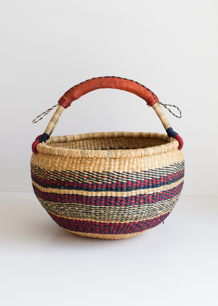 Medium Red, Blue, Natural Boho Bolga Market Basket with Leather Handle Handcrafted by Skilled Weavers in Bolgatanga, Ghana
