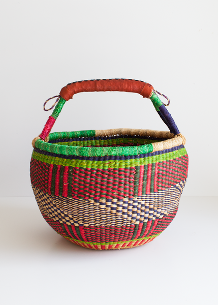 Medium Boho Tribal Red, Green, Blue, Purple, Natural Bolga Market Basket with Leather Handle Handcrafted by Skilled Weavers in Bolgatanga, Ghana