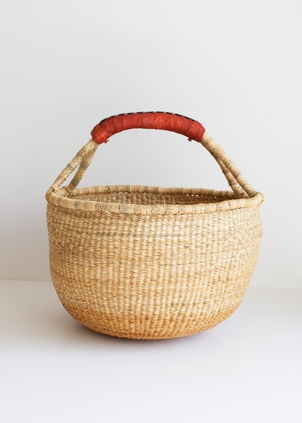 Large Natural Boho Bolga Market Basket with Leather Handle Handcrafted by Skilled Weavers in Bolgatanga, Ghana