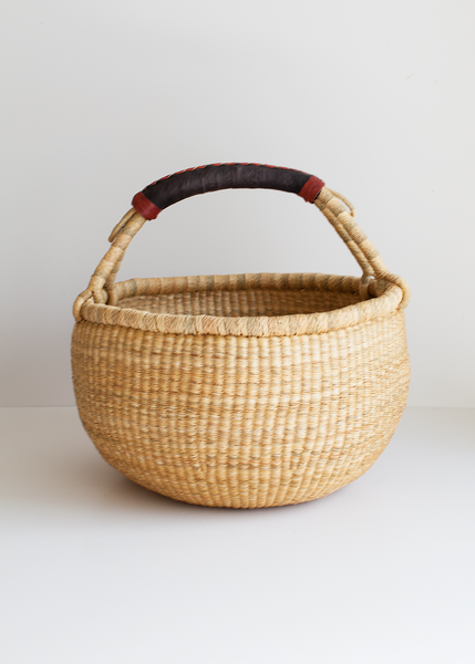Large Natural Fair Trade Bolga Market Basket with Leather Handle Handcrafted by Skilled Weavers in Bolgatanga, Ghana