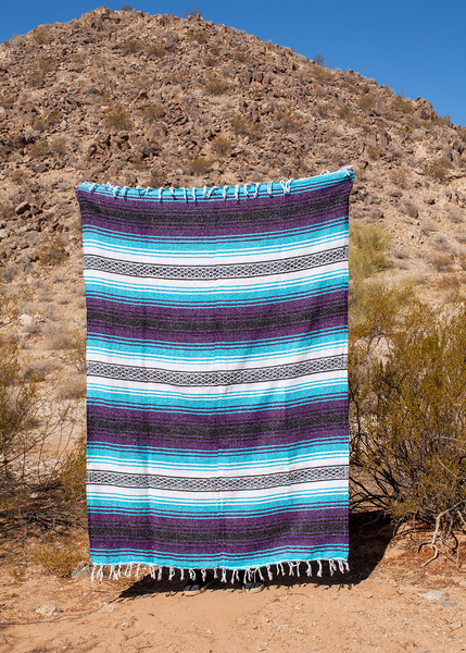 Colibri Dark Purple, Turquoise, Black, White Boho Decor Mexican Adventure Falsa Throw Blanket Made in Mexico