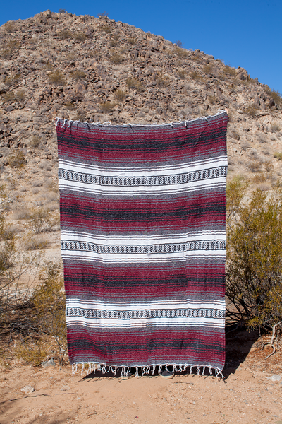 Fuerte Burgundy, Charcoal, Black, White Mexican Falsa Mountain Adventure Throw Blanket Made in Mexico
