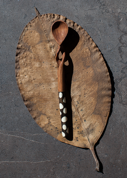 Hand Carved Olive Wood Kupotoa Twisted Sugar Spoon with Bone from Kenya, Africa