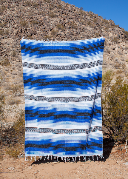 Lago Royal Blue, Sky Blue, Black, White Boho Decor Mexican Adventure Falsa Throw Blanket Made in Mexico
