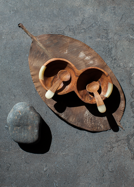 Hand Carved Wild Olive Mbili Double Spice Bowl with Spoons from Kenya, Africa