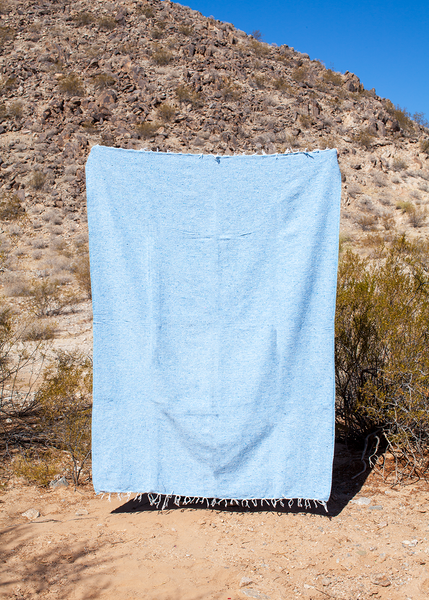 Pluma Sky Blue with White Fringe Solid Mexican Falsa Adventure Throw Beach Blanket Made in Mexico