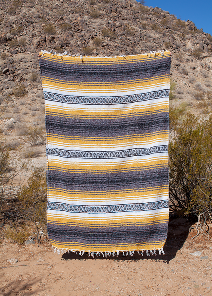 Sol Mustard Yellow, Charcoal, White, Black Mexican Falsa Adventure Throw Beach Blanket Made in Mexico