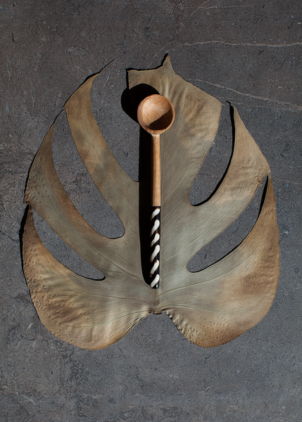 Hand Carved Olive Wood and Bone Sukari Sugar Spoon from Kenya, Africa