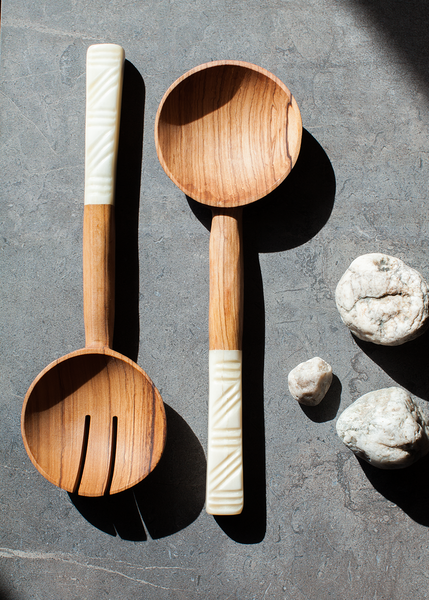 Hand Carved Olive Wood with Bone Unga Salad Servers from Kenya, Africa
