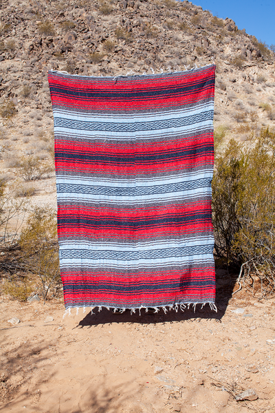 Valiente Deep Blue, Light Blue, Red, Charcoal Men's Mexican Falsa Adventure Camping Throw Blanket Made in Mexico